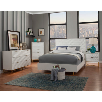 White Pearl Panel Bed with Textured Headboard and Gold Legs – view 8