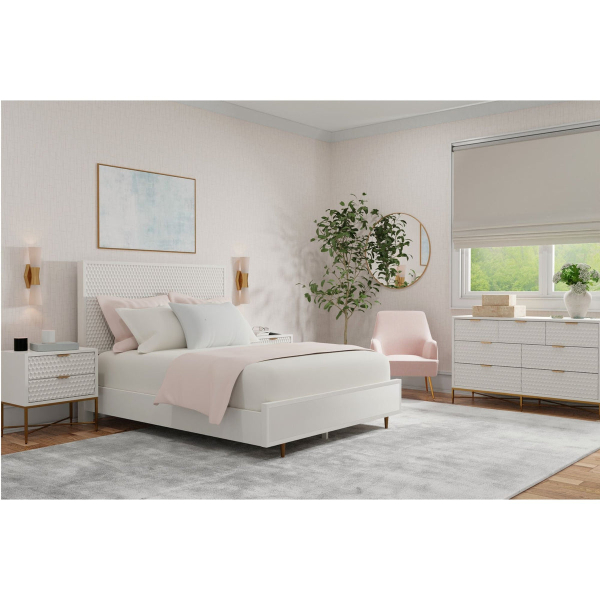 Mahogany Panel Bed with Textured Headboard and Gold Legs