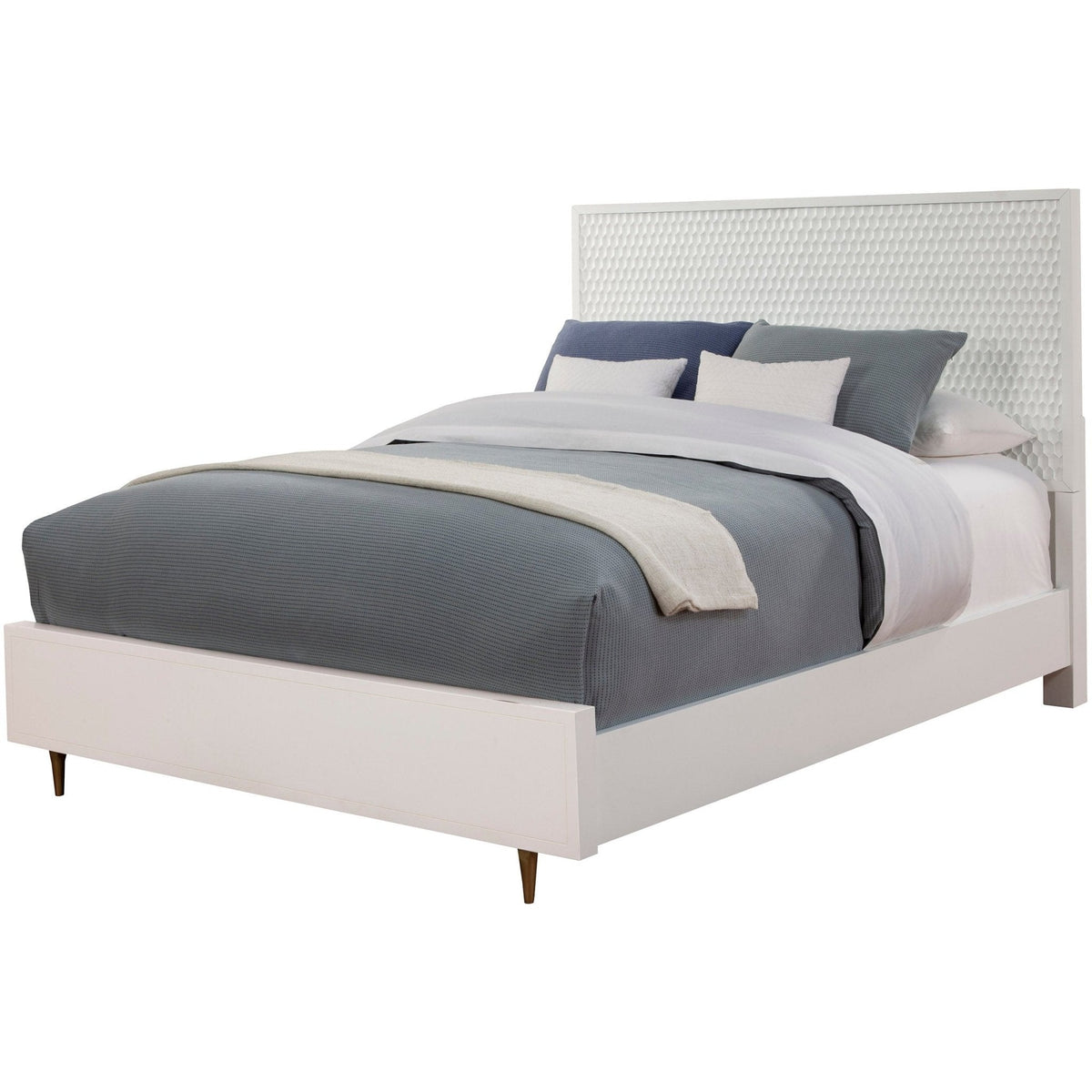 White Pearl Panel Bed with Textured Headboard and Gold Legs – view 3