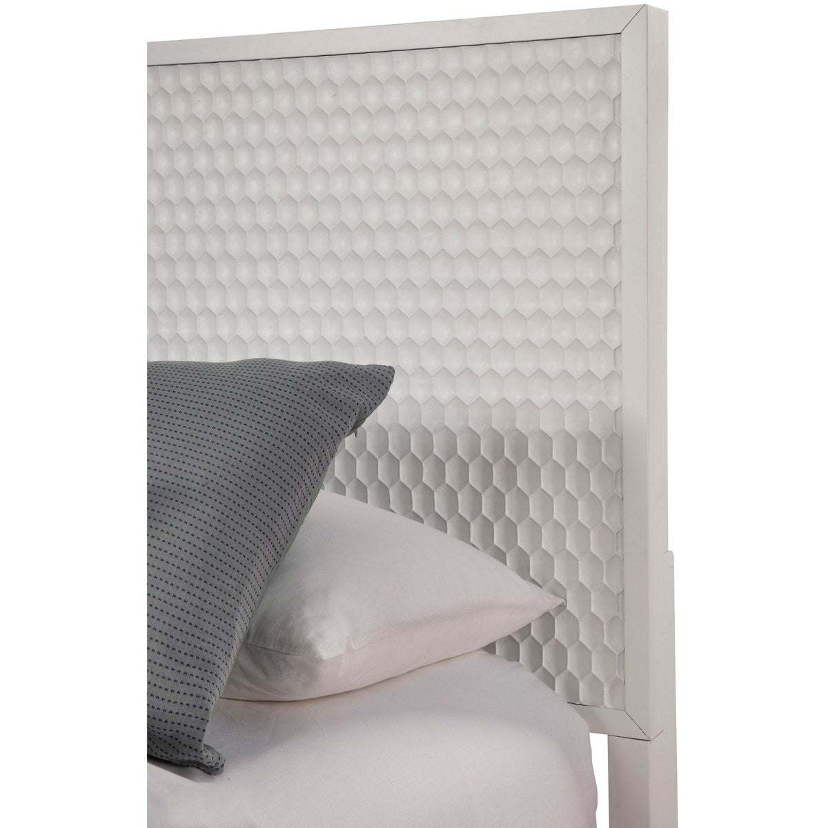 White Pearl Panel Bed with Textured Headboard and Gold Legs – view 6
