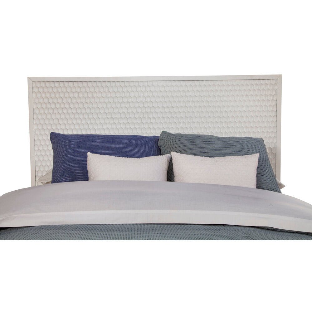 White Pearl Panel Bed with Textured Headboard and Gold Legs – view 5