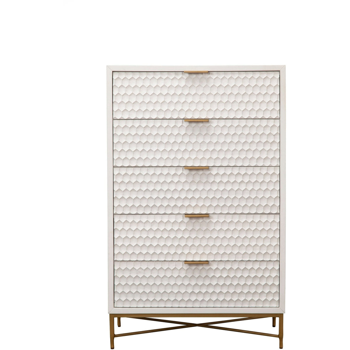 White Pearl 5-Drawer Chest with Textured Fronts and Gold Base – view 2
