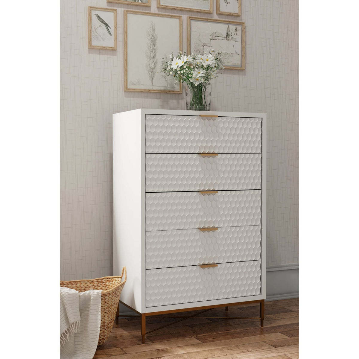 White Pearl Five-Drawer Chest with Gold Accents