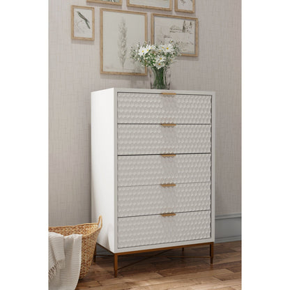 White Pearl Five-Drawer Chest with Gold Accents