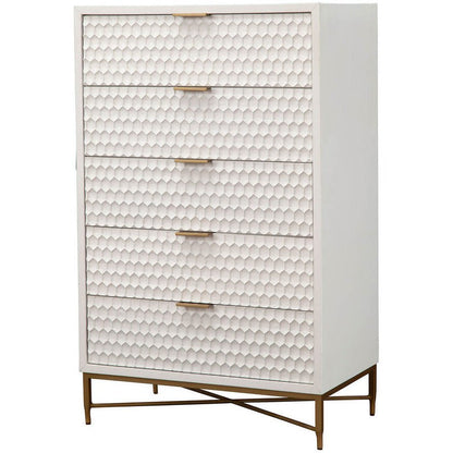 White Pearl 5-Drawer Chest with Textured Fronts and Gold Base – view 3