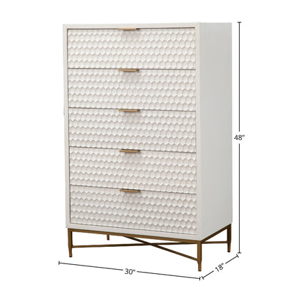 White Pearl 5-Drawer Chest with Textured Fronts and Gold Base – view 6