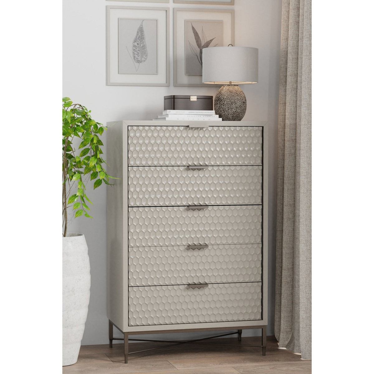 White Pearl 5-Drawer Chest with Textured Fronts and Gold Base – view 12