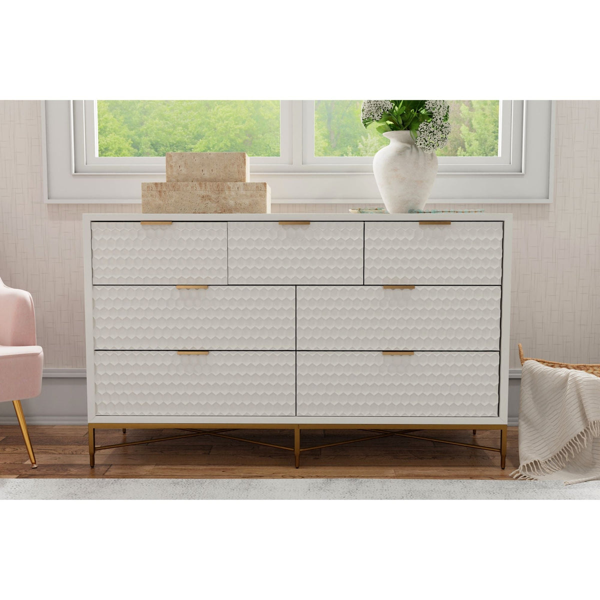 Mahogany Veneer White Pearl Dresser with Gold Accents