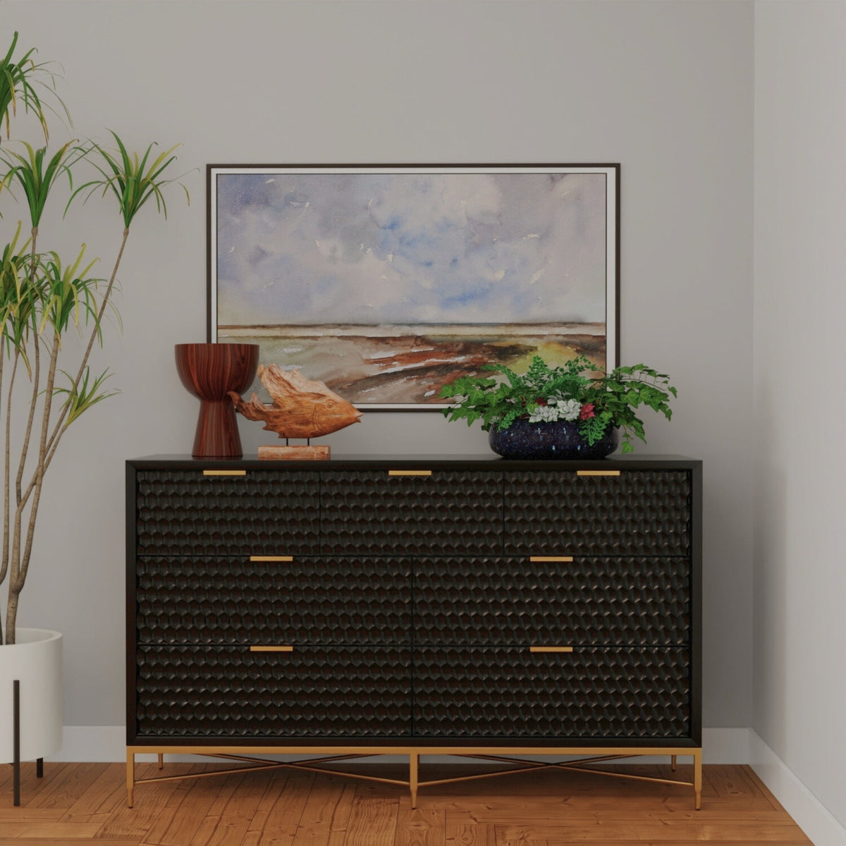 White Pearl 7-Drawer Dresser with Gold Handles and Metal Base – view 10