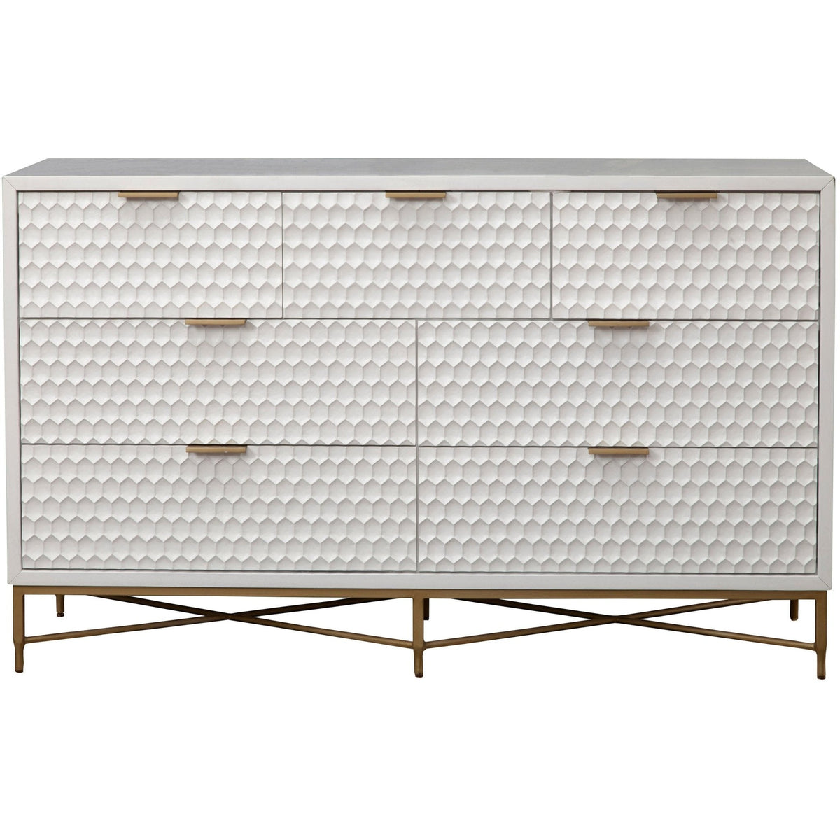 White Pearl 7-Drawer Dresser with Gold Handles and Metal Base – view 2