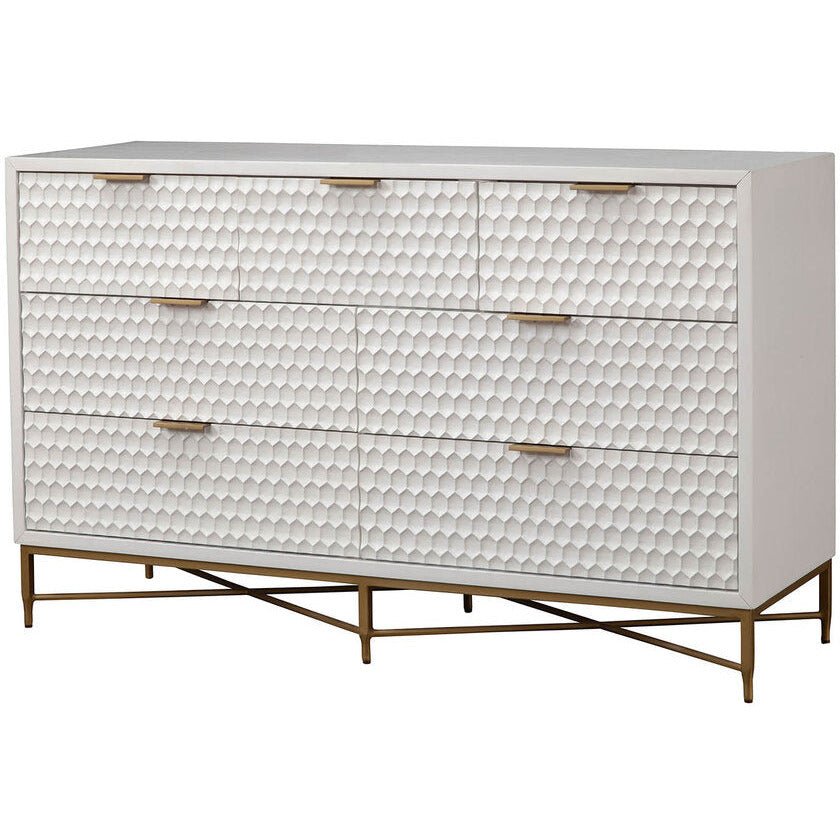 White Pearl 7-Drawer Dresser with Gold Handles and Metal Base – view 3