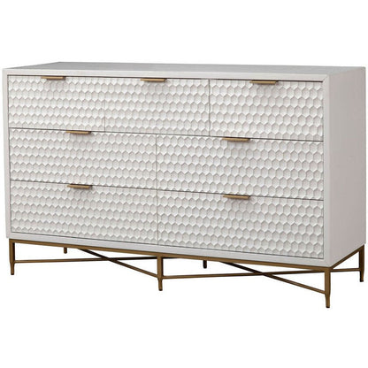 White Pearl 7-Drawer Dresser with Gold Handles and Metal Base – view 3