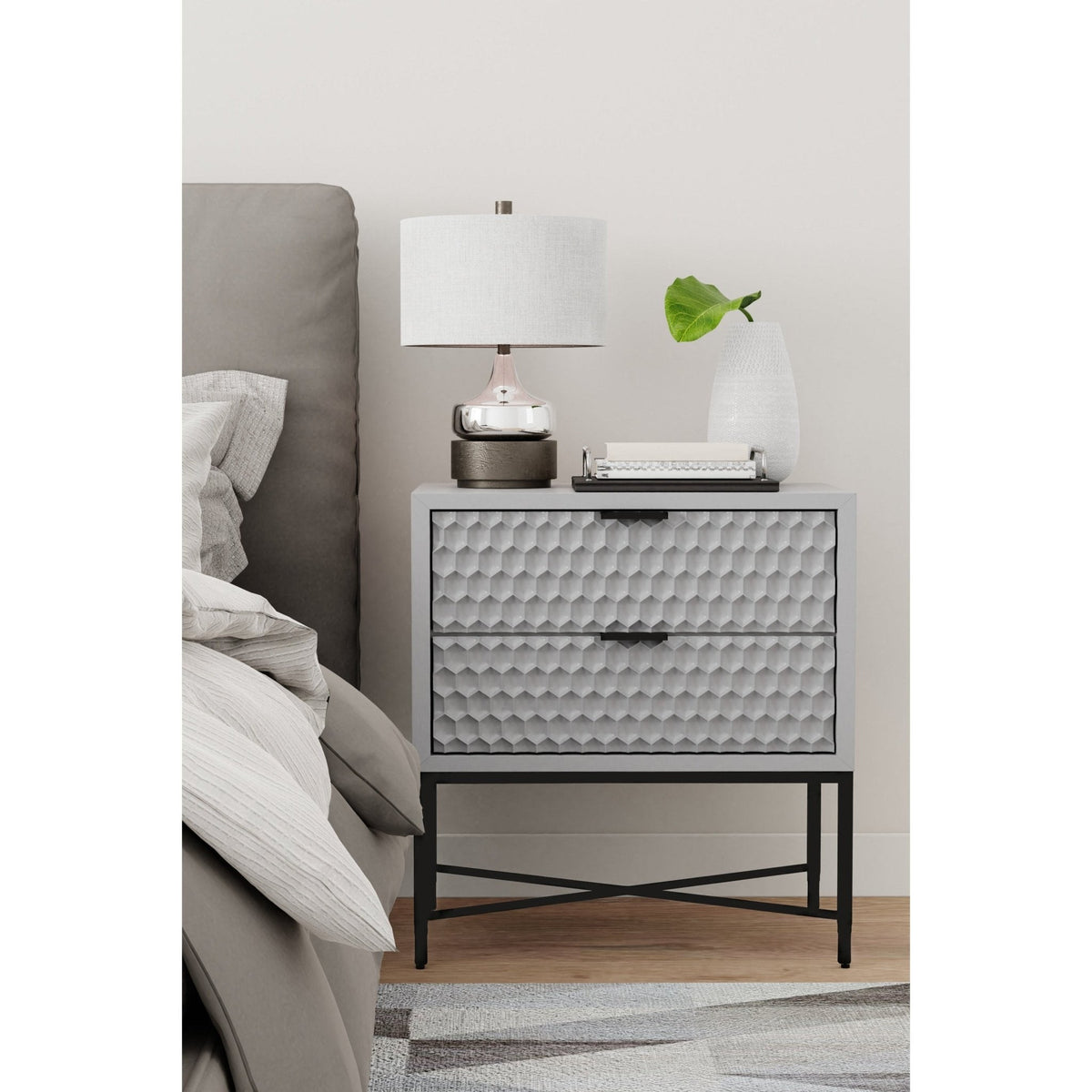 White Pearl Contemporary Nightstand with Gold Metal Base – view 14