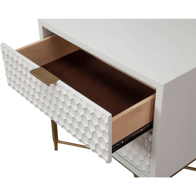 White Pearl Contemporary Nightstand with Gold Metal Base – view 3
