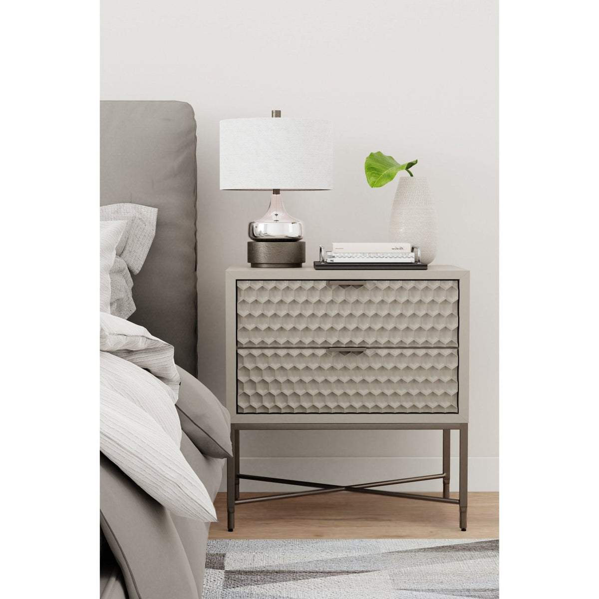 White Pearl Contemporary Nightstand with Gold Metal Base – view 11