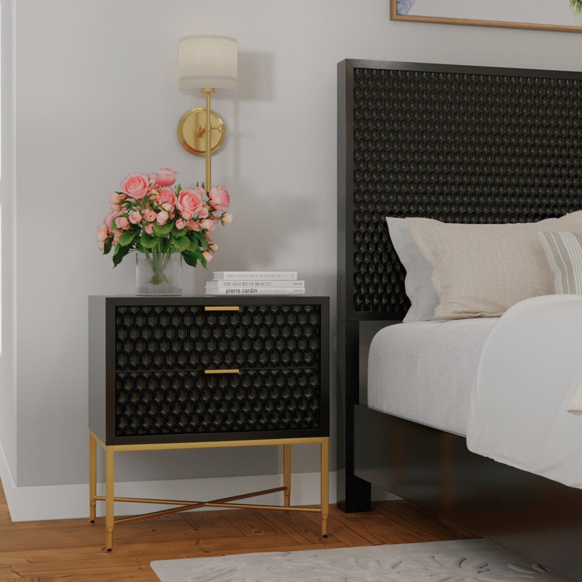 White Pearl Contemporary Nightstand with Gold Metal Base – view 7