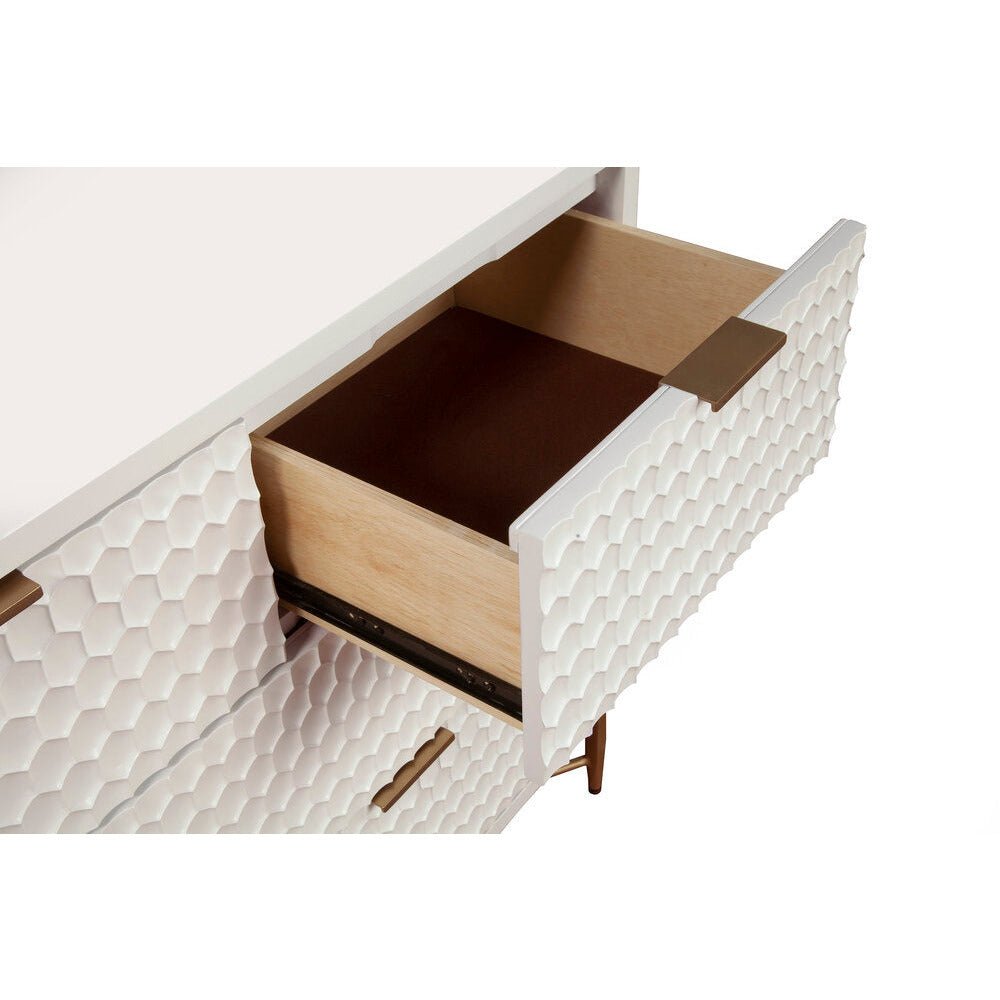 White Pearl Mahogany Media Console with Gold Metal Base – view 4