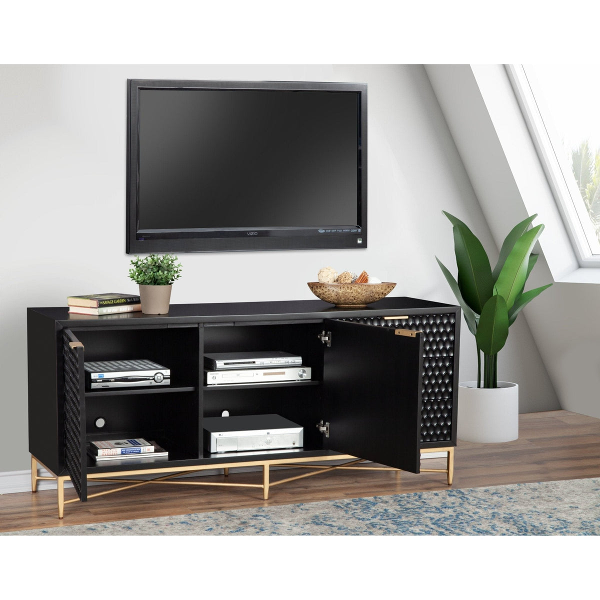 White Pearl Mahogany Media Console with Gold Metal Base – view 12