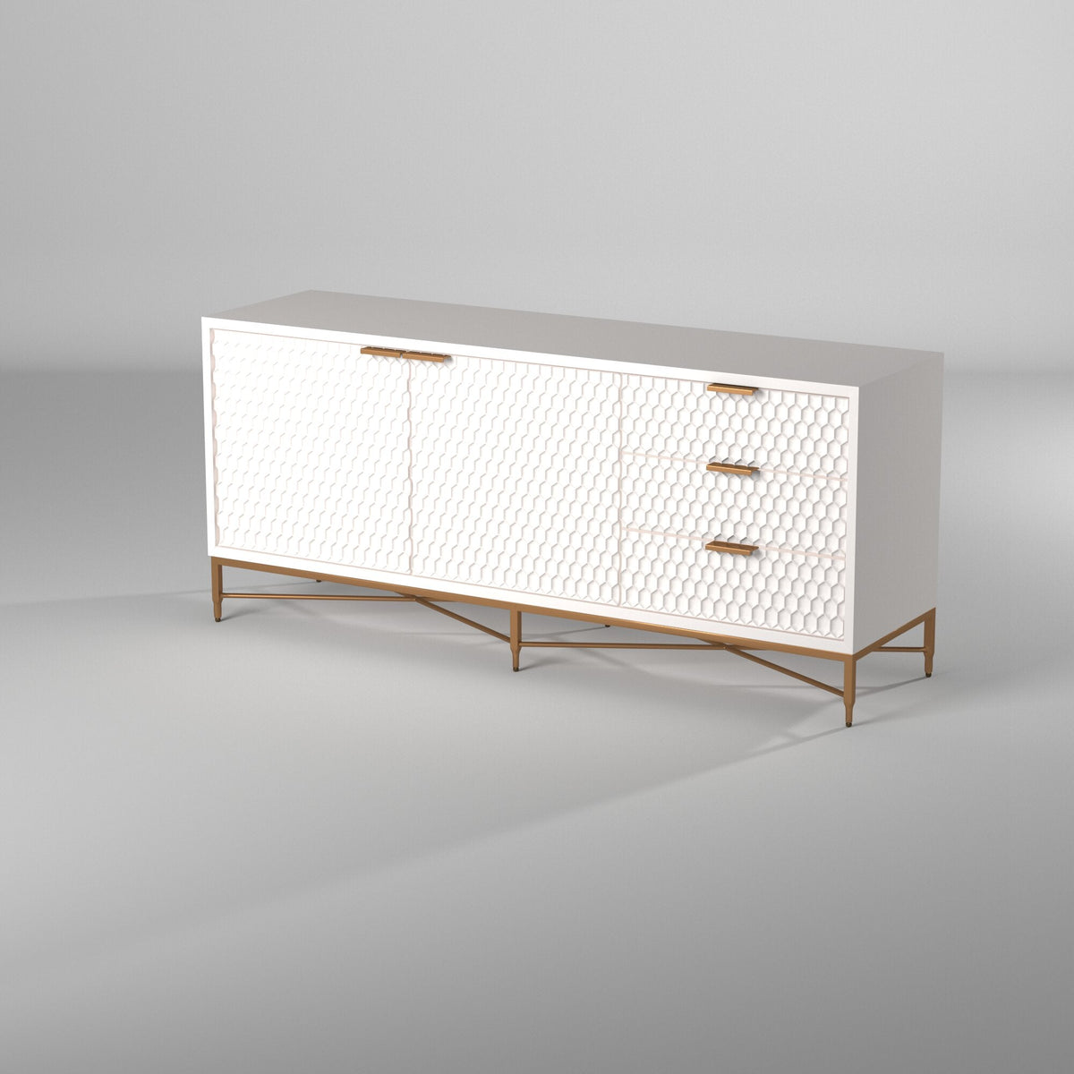 White Pearl Mahogany Media Console with Gold Metal Base – view 7