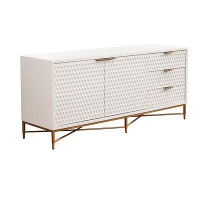 White Pearl Mahogany Media Console with Gold Metal Base – view 2