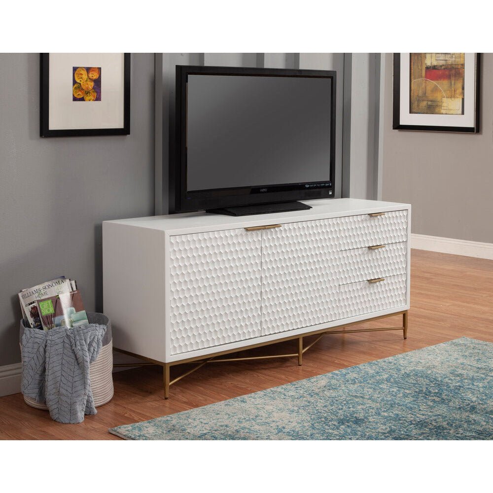 White Pearl Mahogany Media Console with Gold Metal Base – view 9