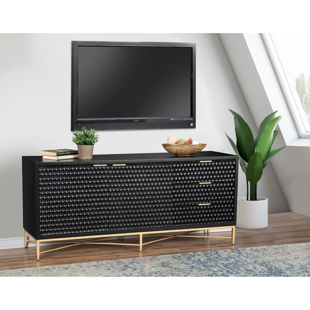 White Pearl Mahogany Media Console with Gold Metal Base – view 11