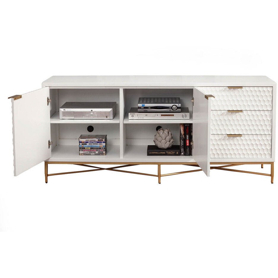 White Pearl Mahogany Media Console with Gold Metal Base – view 3