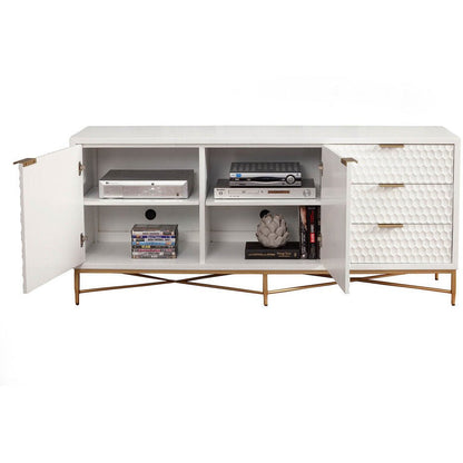 White Pearl Mahogany Media Console with Gold Metal Base – view 3