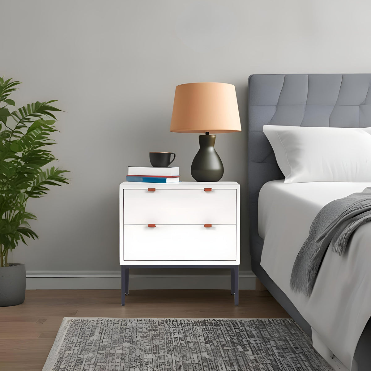 Wilma Modern White Nightstand with Soft-Close Drawers and Metal Legs – view 2