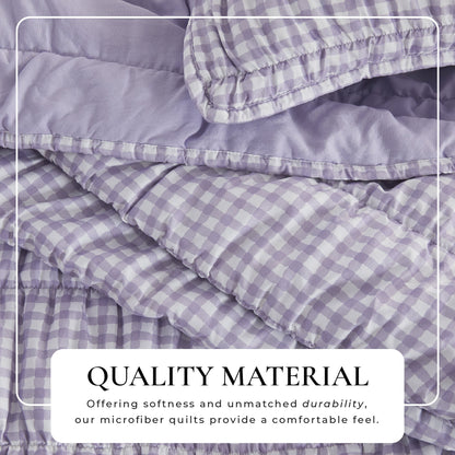 Purple Gingham Printed Washed Microfiber Quilt Set with Shams – view 2