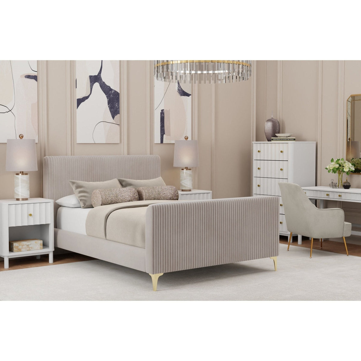 Velour Polyester Platform Bed, Light Grey