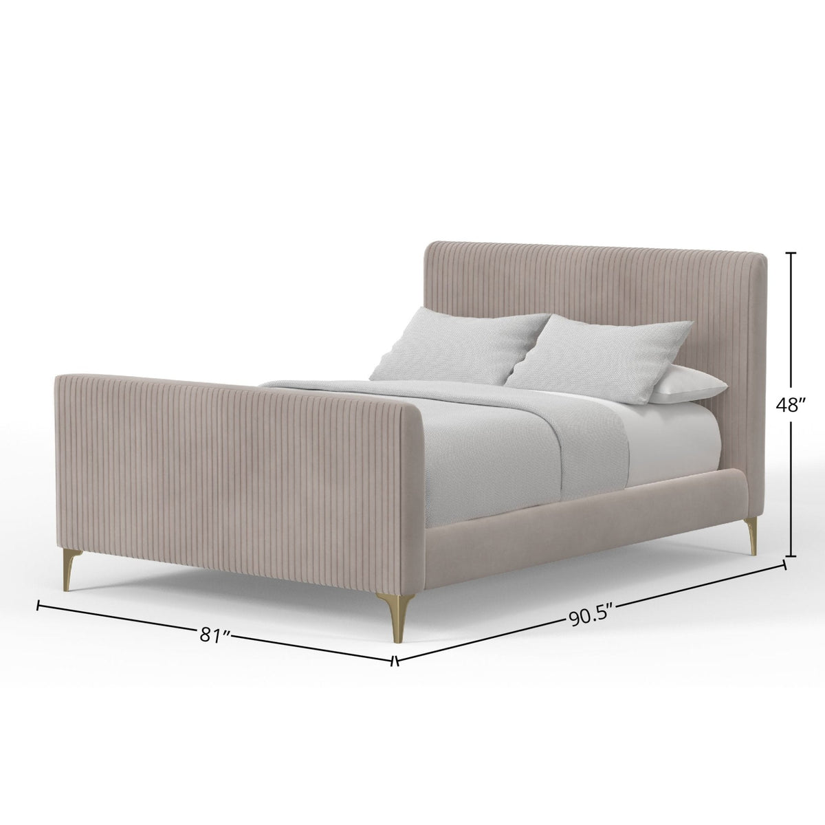 Zaldy Light Grey Velour Platform Bed with Ribbed Headboard and Gold Legs – view 8