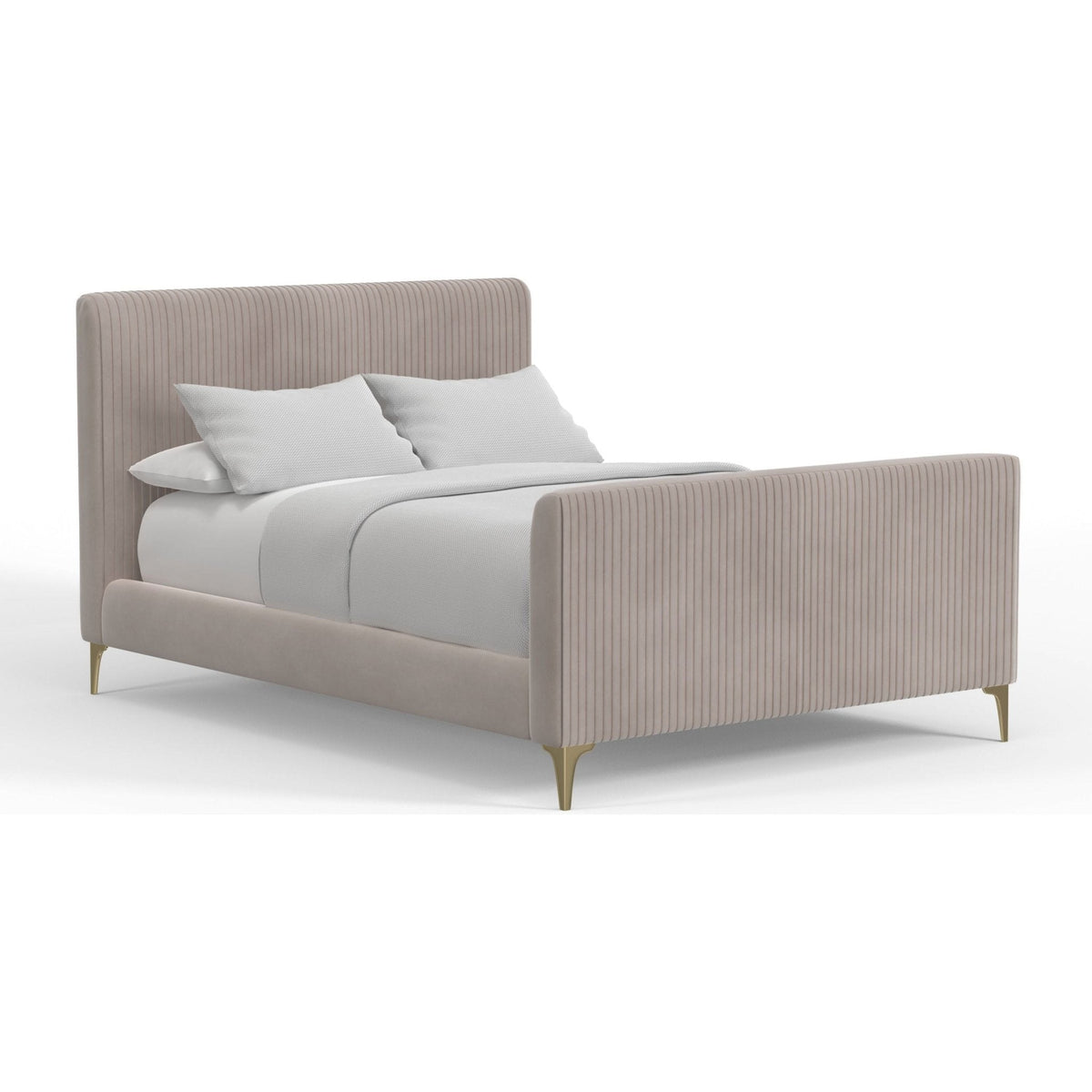 Zaldy Light Grey Velour Platform Bed with Ribbed Headboard and Gold Legs – view 3