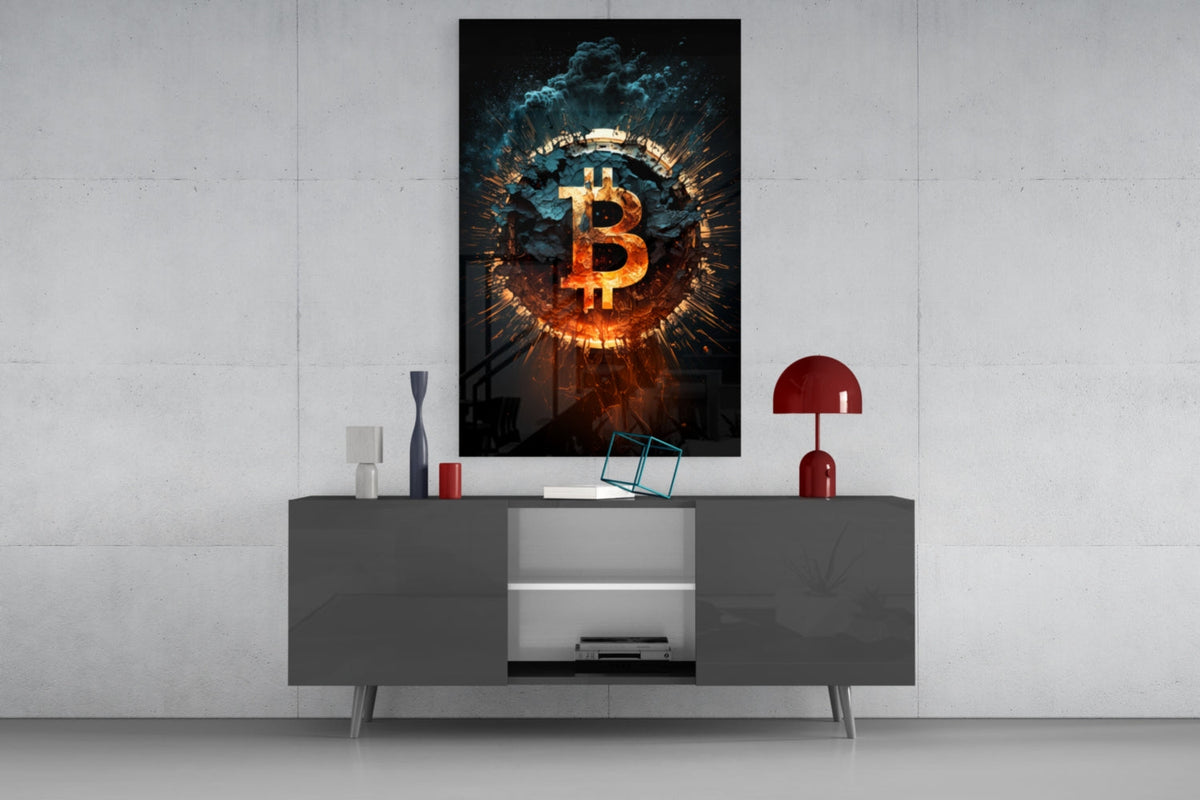 Fiery Cracked Bitcoin Blast Glass Wall Art, Crypto Decor – view 8