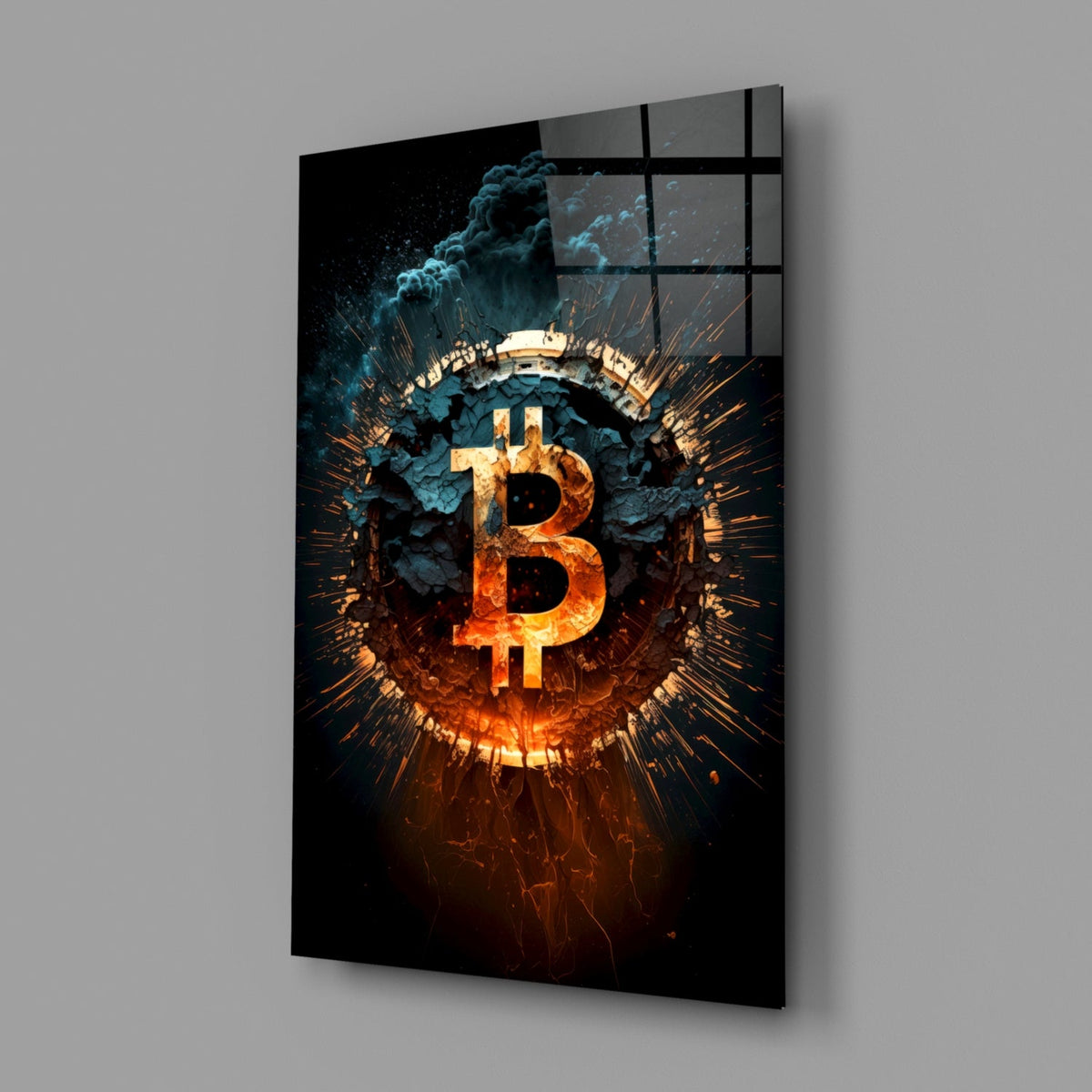 Fiery Cracked Bitcoin Blast Glass Wall Art, Crypto Decor – view 2