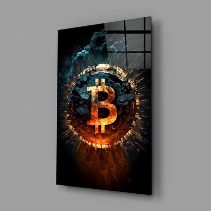 Fiery Cracked Bitcoin Blast Glass Wall Art, Crypto Decor – view 2