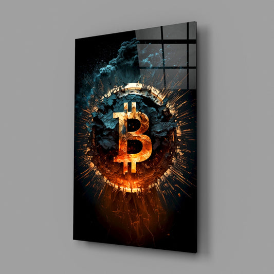 Fiery Cracked Bitcoin Blast Glass Wall Art, Crypto Decor – view 2