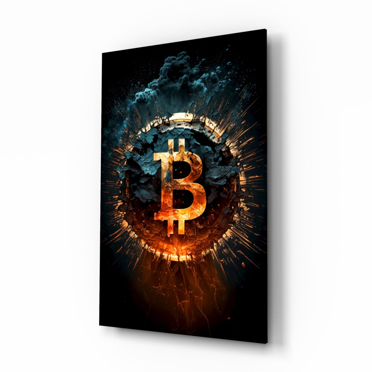 Cracked Bitcoin logo bursting with ember lava glass wall art above a home office desk