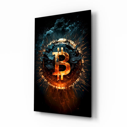 Cracked Bitcoin logo bursting with ember lava glass wall art above a home office desk