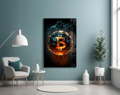 Fiery Cracked Bitcoin Blast Glass Wall Art, Crypto Decor – view 4