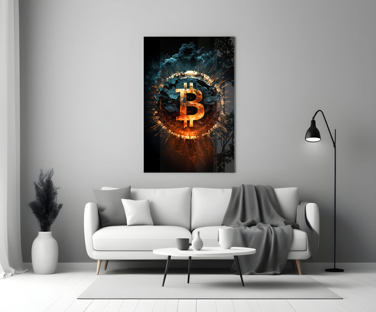 Fiery Cracked Bitcoin Blast Glass Wall Art, Crypto Decor – view 3