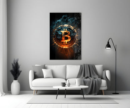 Fiery Cracked Bitcoin Blast Glass Wall Art, Crypto Decor – view 3