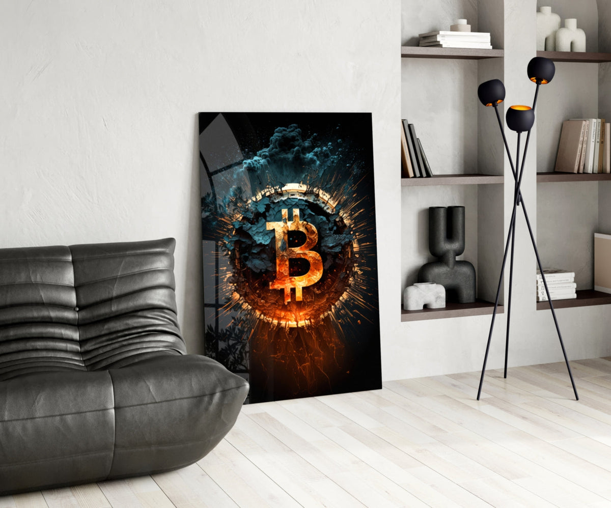 Fiery Cracked Bitcoin Blast Glass Wall Art, Crypto Decor – view 5