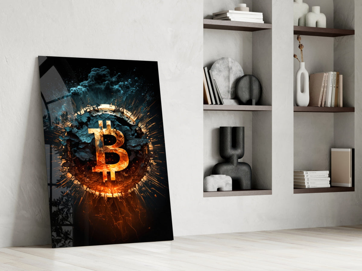 Fiery Cracked Bitcoin Blast Glass Wall Art, Crypto Decor – view 6
