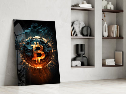 Fiery Cracked Bitcoin Blast Glass Wall Art, Crypto Decor – view 6