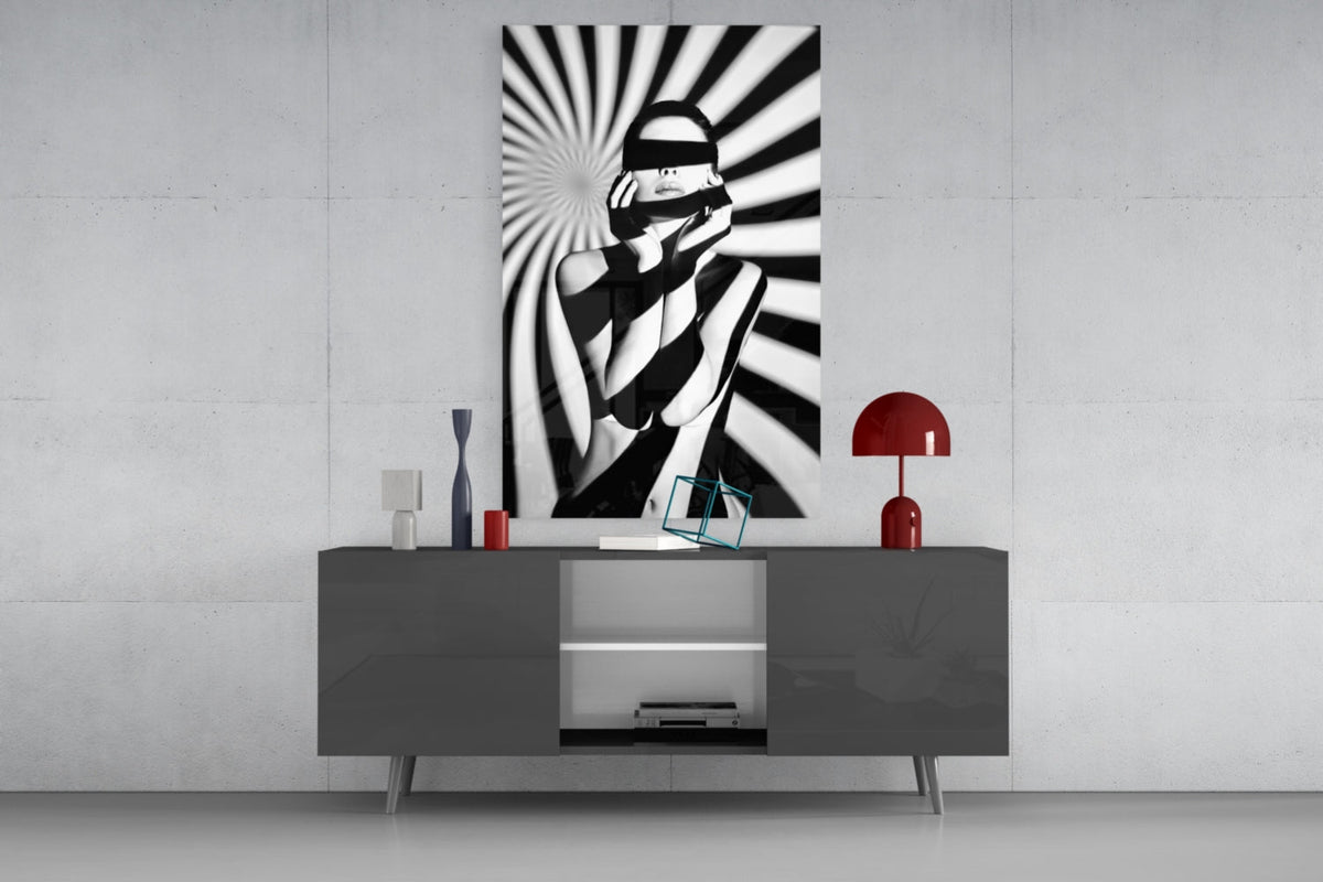 Censored Muse Op-Art Black and White Glass Wall Art – view 8