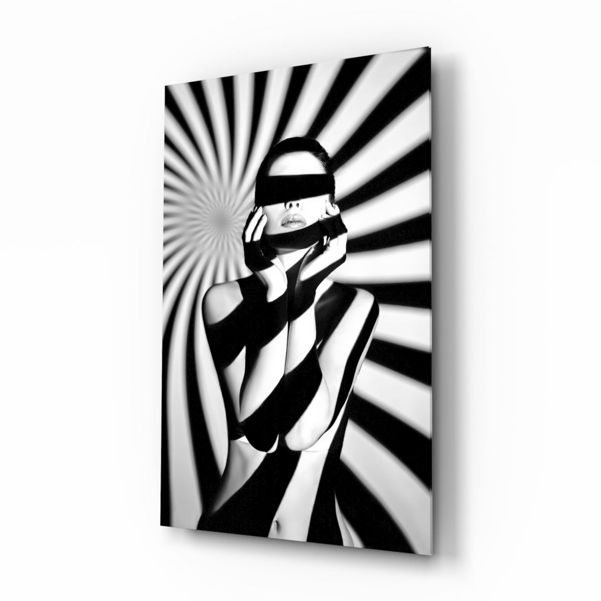 Censored muse black and white op-art glass wall art hanging in a modern dressing room