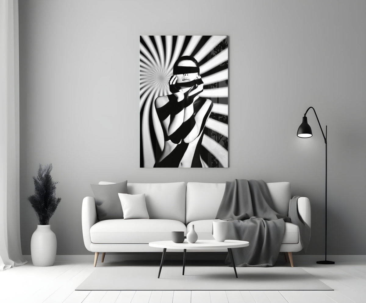 Censored Muse Op-Art Black and White Glass Wall Art – view 3