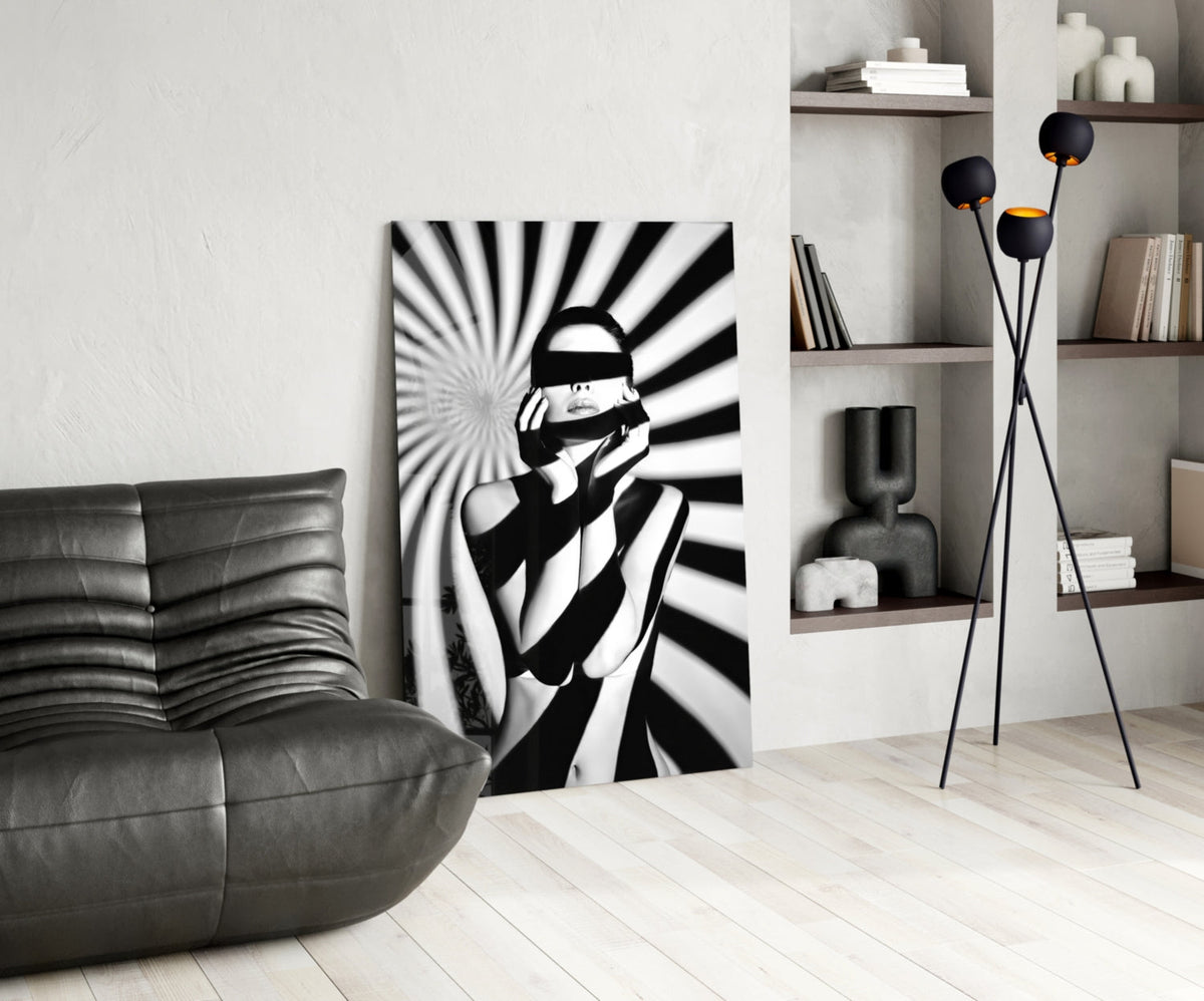 Censored Muse Op-Art Black and White Glass Wall Art – view 5