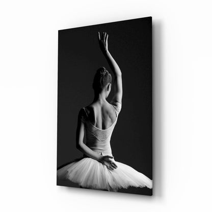 Black and white ballerina in ivory tutu glass wall art hanging in a dressing room
